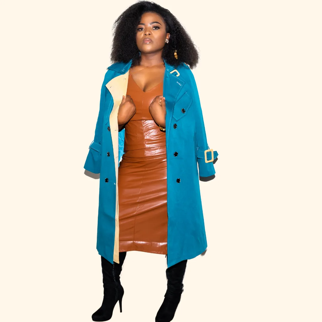 Teal Contrast Lapel Button Trench Coat