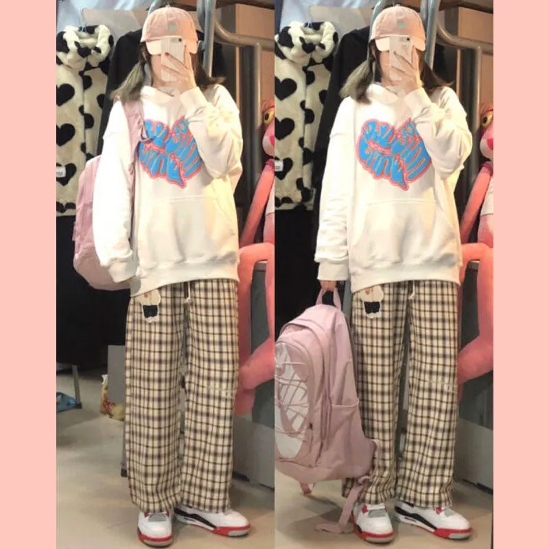 Two-piece set of white Hoodie   plaid pants  PL52539