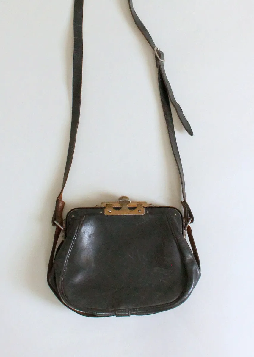 Vintage Edwardian Black Leather Shoulder Bag Purse