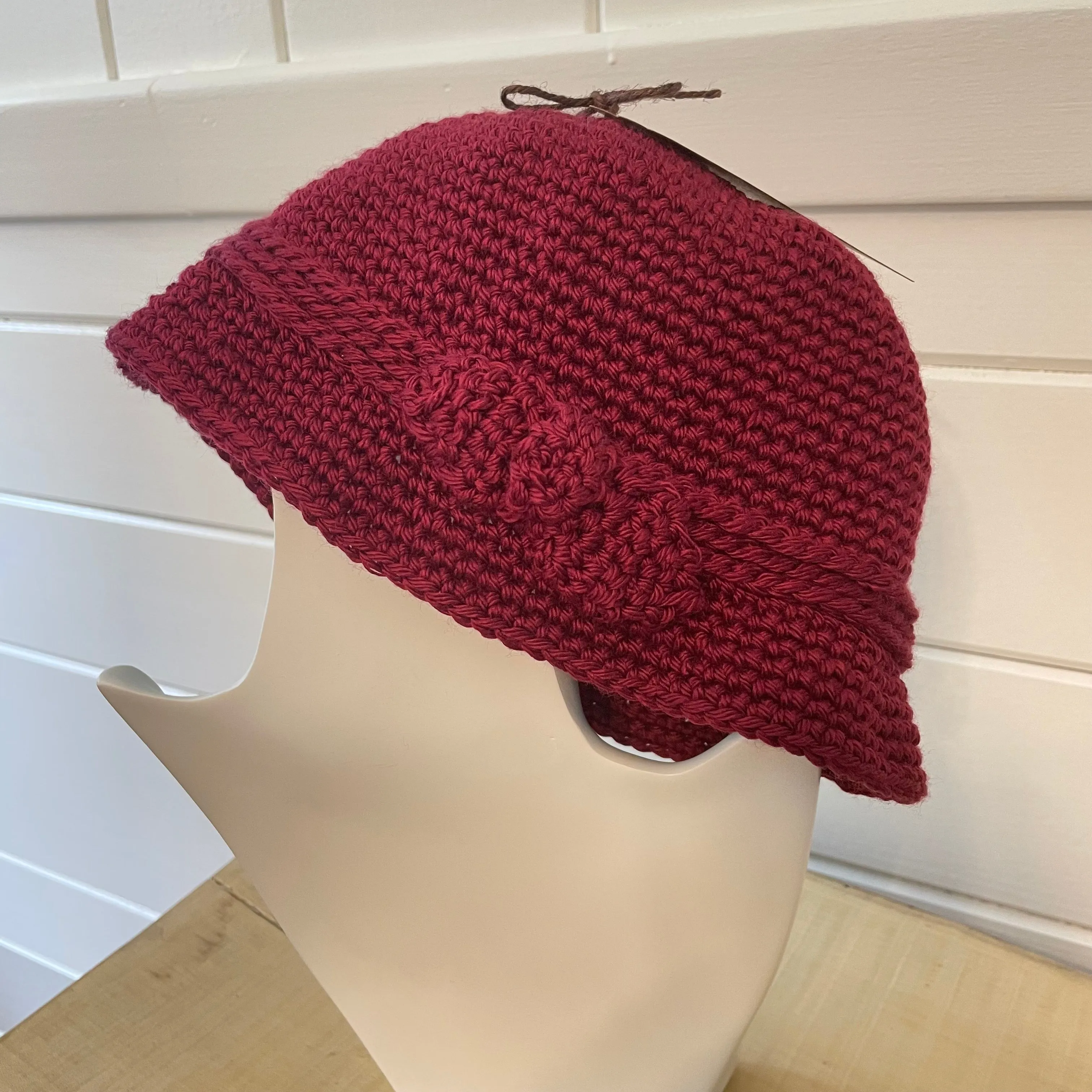 Vintage Retro Style Cloche Hat with Bow Accent in Red Wine Maroon Hand Crocheted Knit Fall Winter Bohemian Boho Handmade Women Gift Accessory