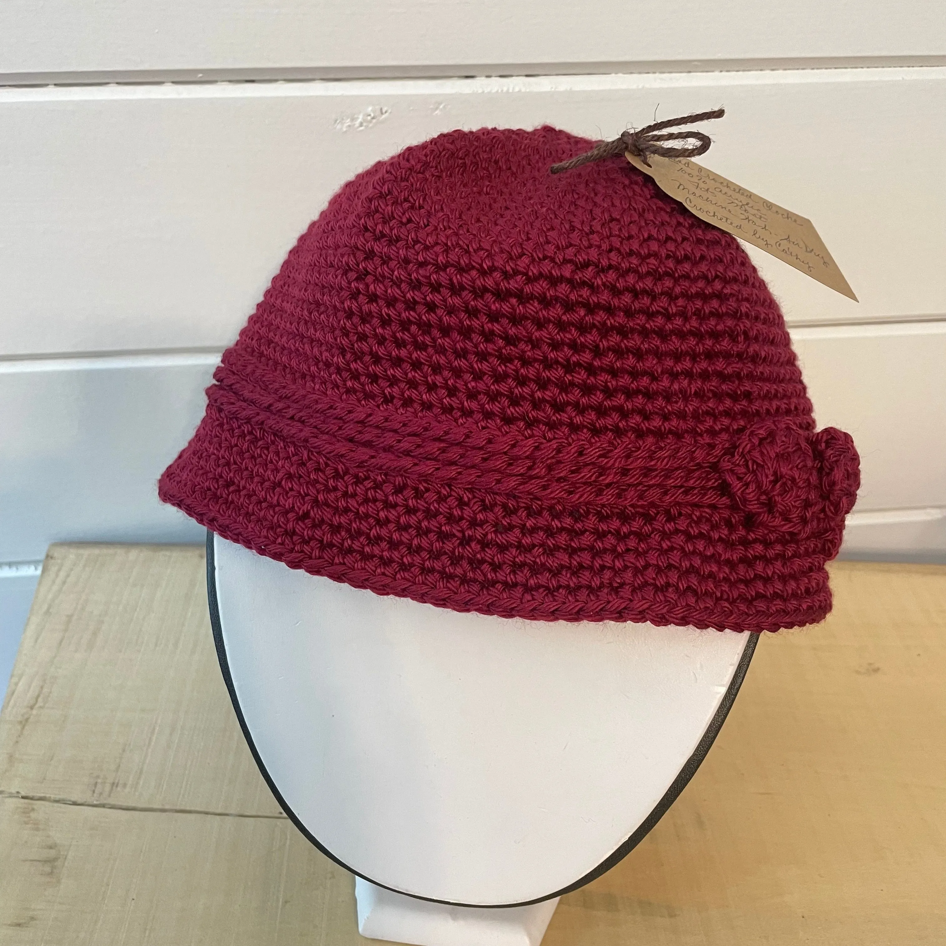 Vintage Retro Style Cloche Hat with Bow Accent in Red Wine Maroon Hand Crocheted Knit Fall Winter Bohemian Boho Handmade Women Gift Accessory