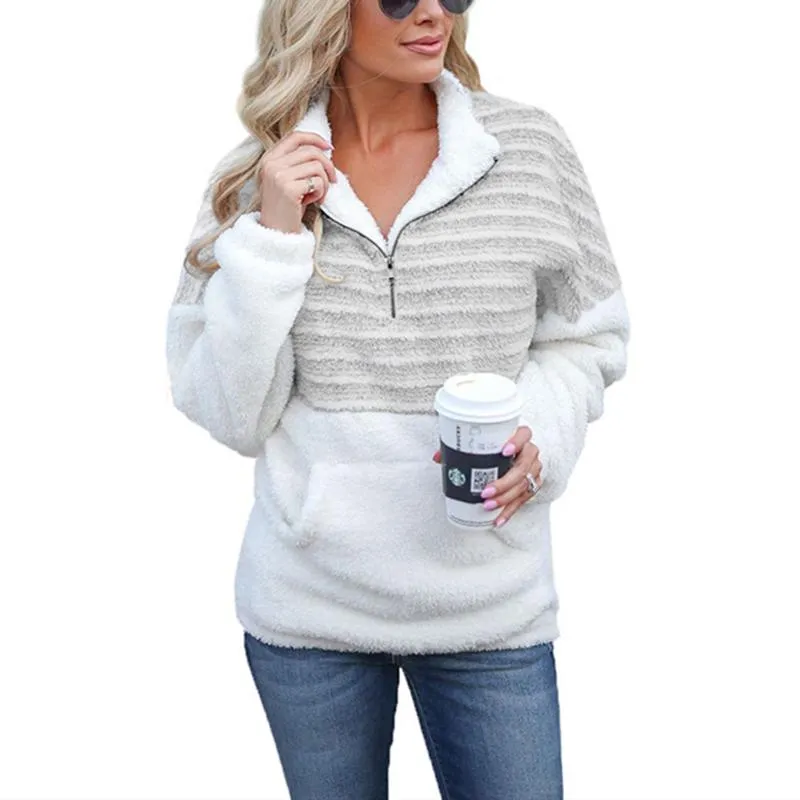 Women color block winter warm faux fur quarter zip sweatshirt