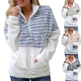 Women color block winter warm faux fur quarter zip sweatshirt