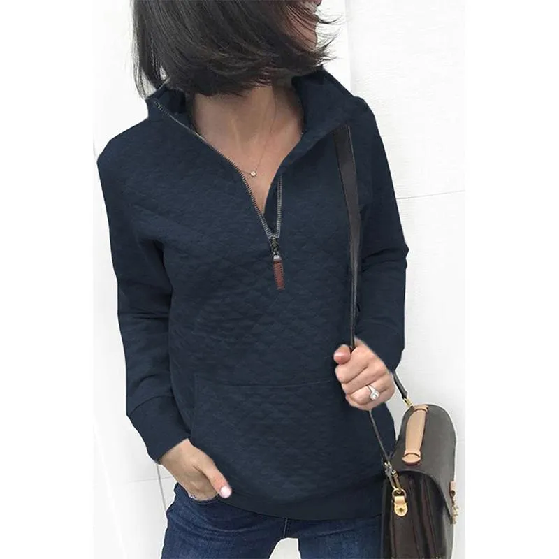 Women plaid solid color quarter zip pullover with pocket