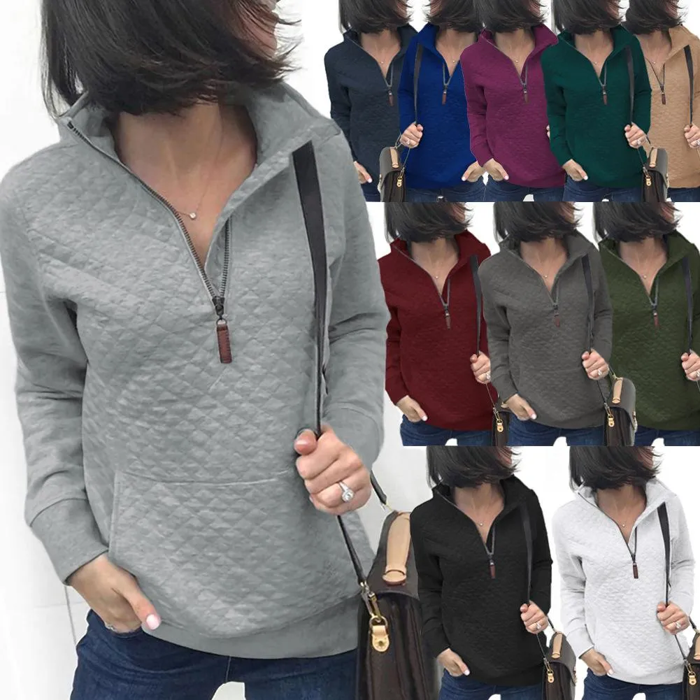 Women plaid solid color quarter zip pullover with pocket