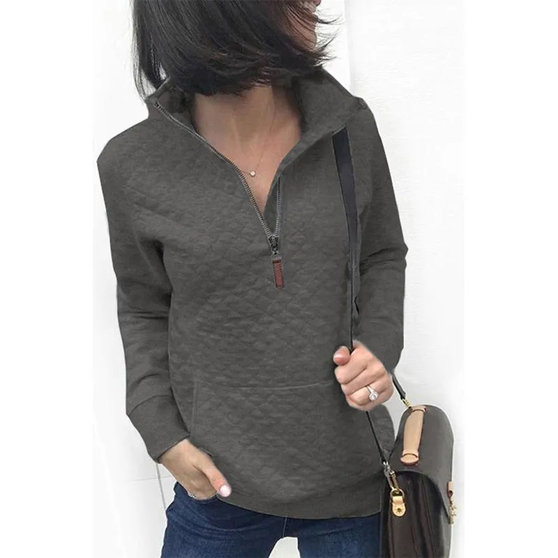 Women plaid solid color quarter zip pullover with pocket