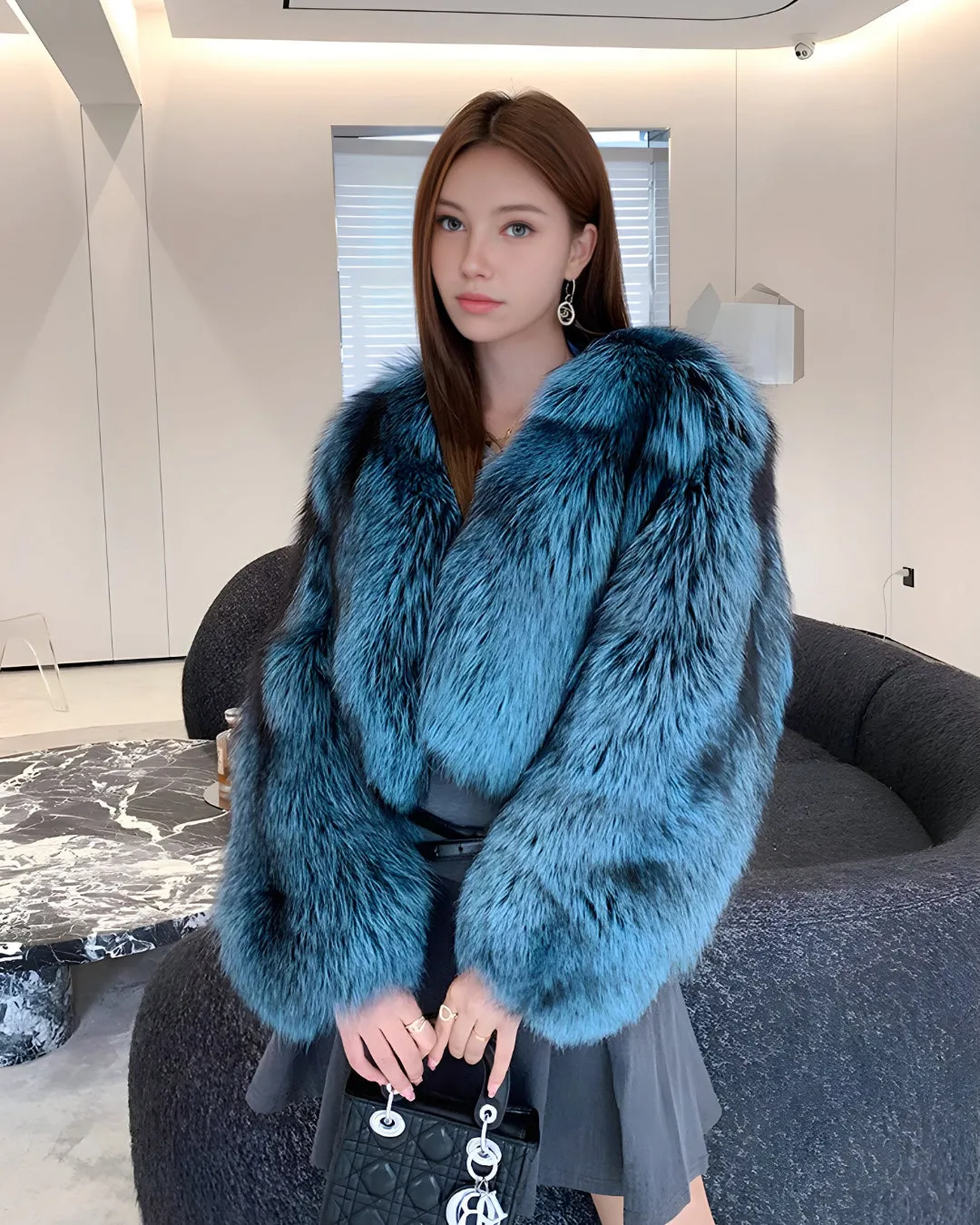 Women's Blue Dyed Silver Fox Fur Jacket