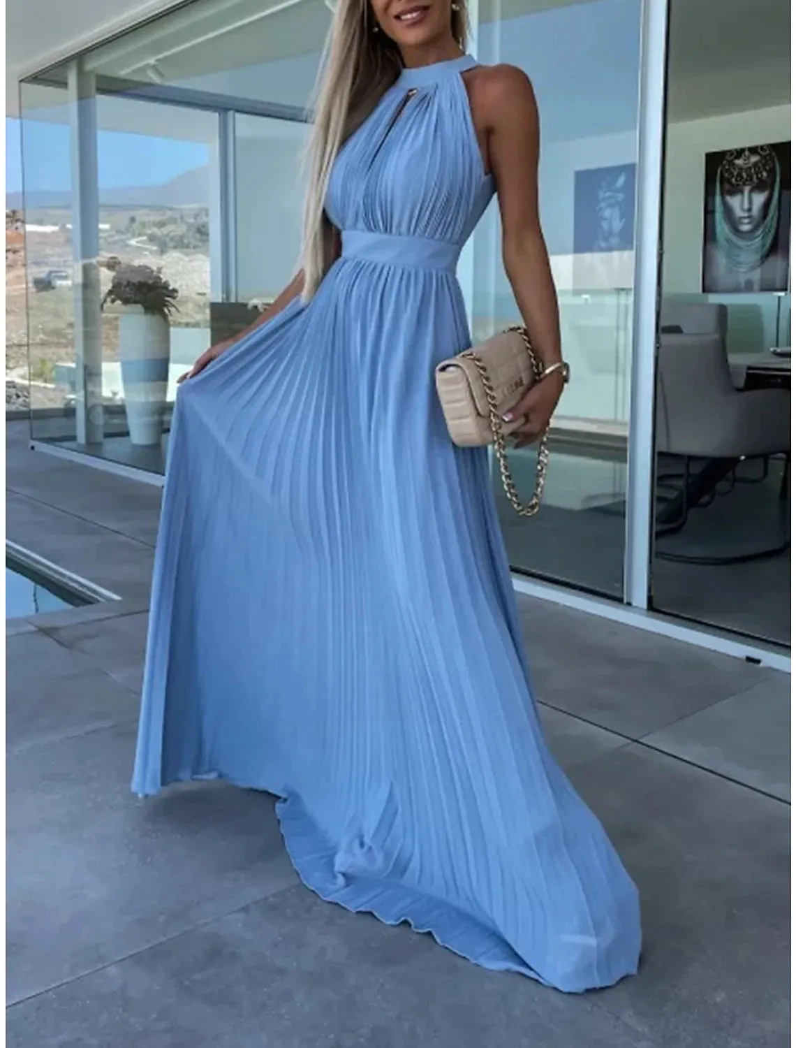 Women's Long Dress Maxi Dress Party Dress Casual Dress Summer Dress Pure Color Streetwear Casual Outdoor Holiday Going out Ruched Pleated Sleeveless Halter Neck Dress Slim Pink Blue Summer Spring