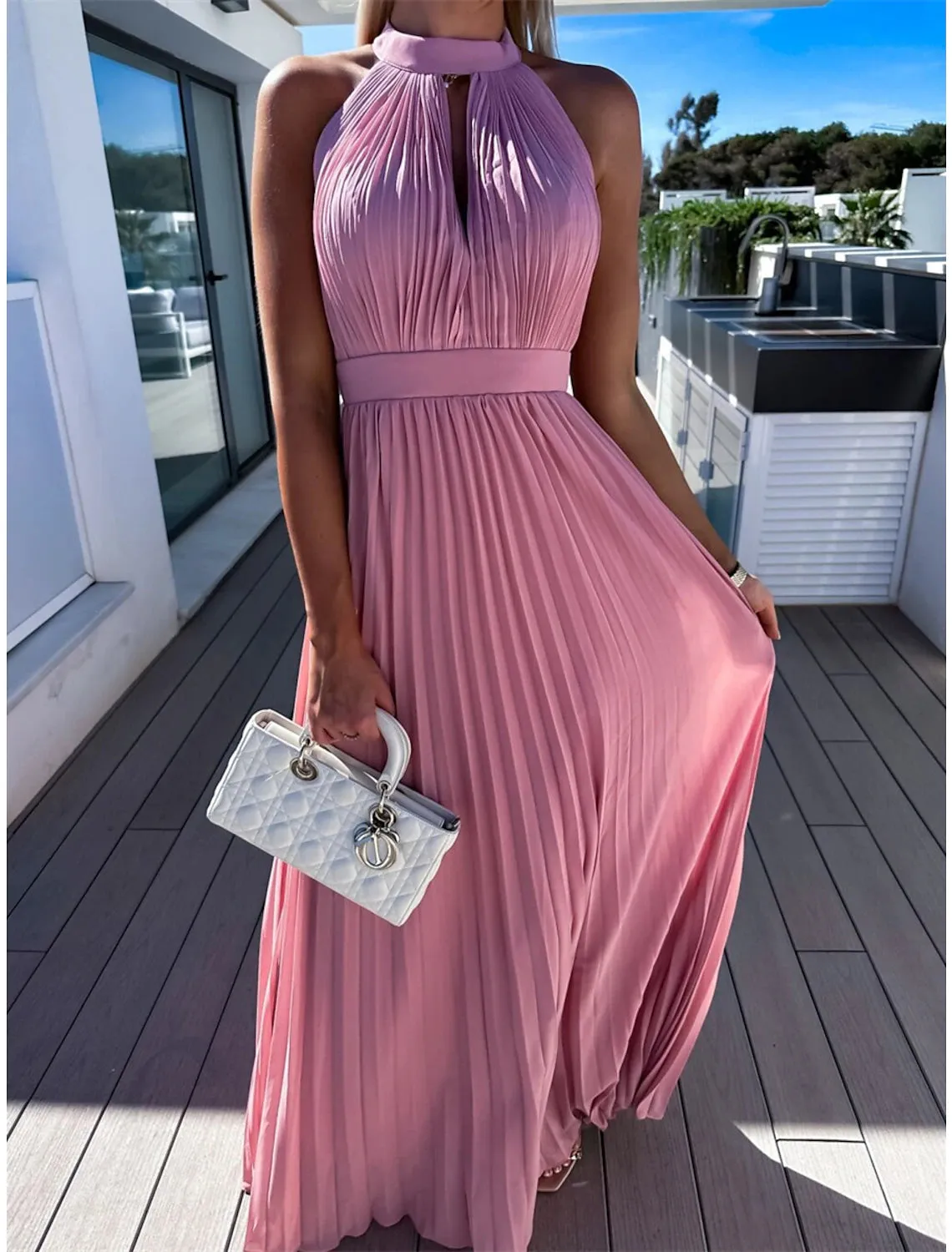 Women's Long Dress Maxi Dress Party Dress Casual Dress Summer Dress Pure Color Streetwear Casual Outdoor Holiday Going out Ruched Pleated Sleeveless Halter Neck Dress Slim Pink Blue Summer Spring