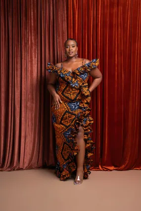 ZEZE Off shoulder Ruffle African Print Maxi Dress